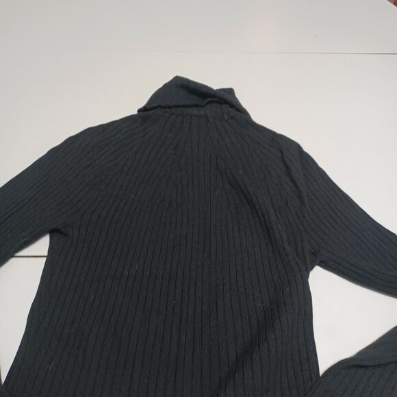 QUE Women Merino Pullover Sweater Black Long Bell Sleeve Turtleneck Cable Knit M - Picture 3 of 12